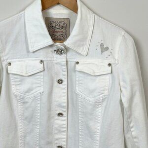 Brighton Embroidered Hearts Women's Denim Jacket Rhinestone Snaps White Sz. S